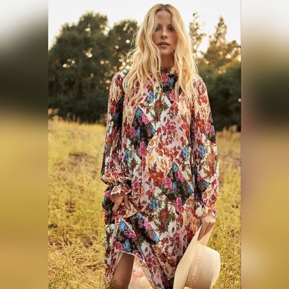 Anthropologie Mauve Shara Floral Patchwork Pleated Midi Dress Size Extra Small - Picture 4 of 10